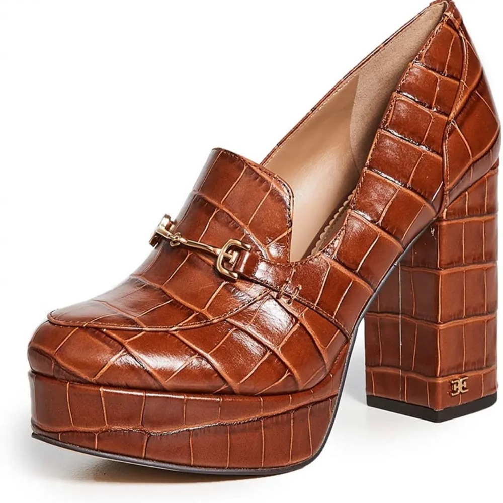 Sam Edelman Aretha Platform Bit Loafers, Tawny Croc Patent Brown, US Size 9